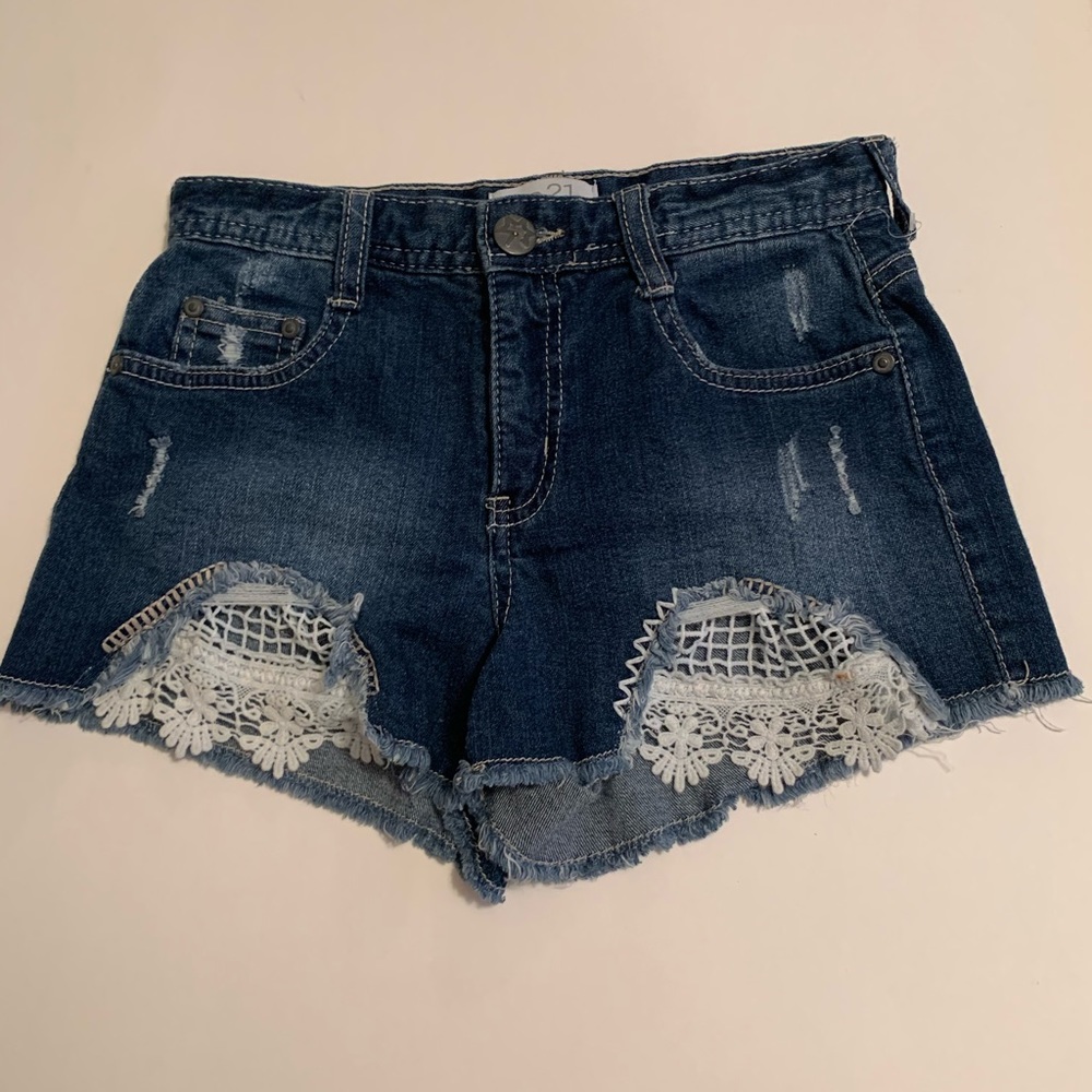 White Floral Lace Denim Jean Shorts